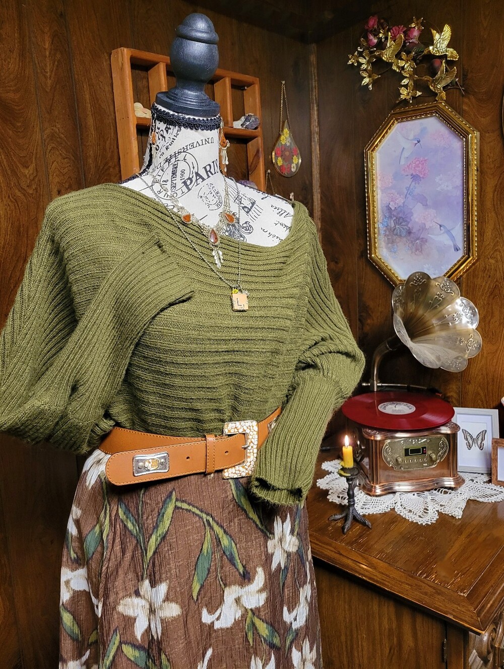 Oversized Army Green Batwing Roomy Ribbed Sweater Cottagecore Dark Academia Cozy
